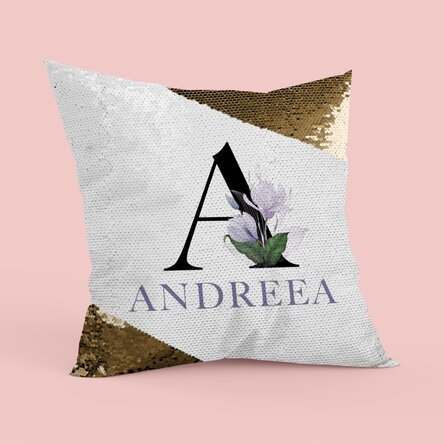 Pernă personalizată cu inițială și nume - Paiete aurii