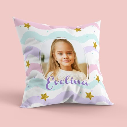 Pernă personalizată cu nume și poză, format mare - Curcubeu