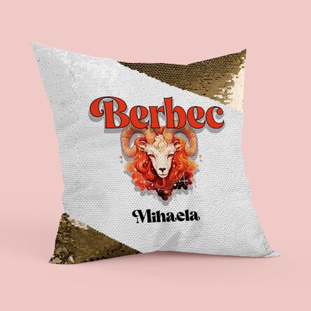 Pernă personalizată cu nume și zodie - Berbec paiete aurii