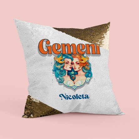 Pernă personalizată cu nume și zodie - Gemeni paiete aurii