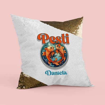 Pernă personalizată cu nume și zodie - Pești paiete aurii