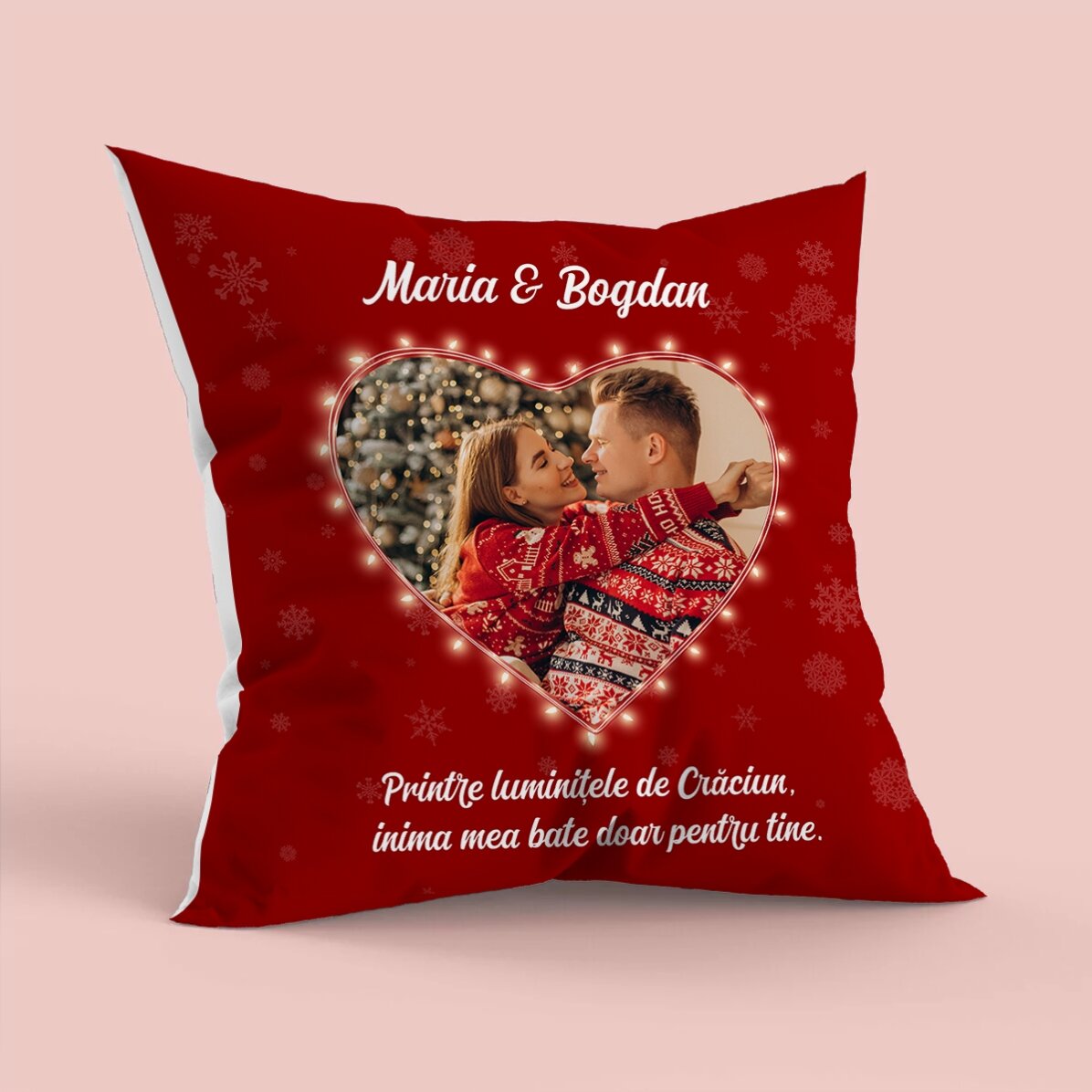 Pernă personalizată cu o poză și mesaj - Luminițe de Crăciun