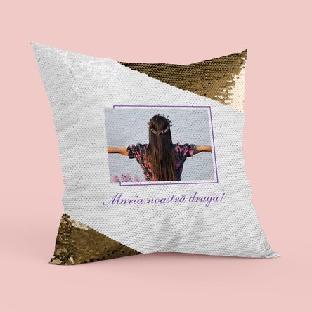 Pernă personalizată cu o poză și mesaj - Paiete aurii