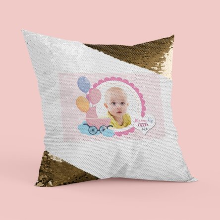 Pernă personalizată cu poză - Dream big little one - Paiete aurii