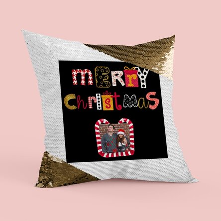 Pernă personalizată cu poză - Merry Christmas - Paiete aurii