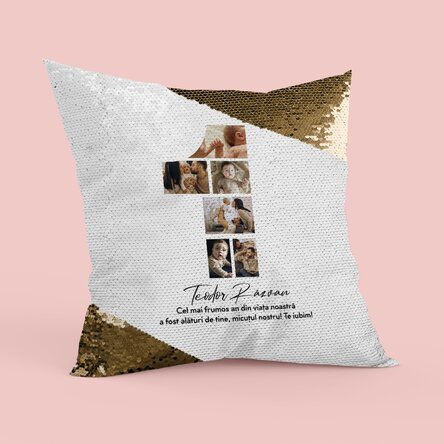 Pernă personalizată cu poze și text - 1st Birthday - Paiete aurii