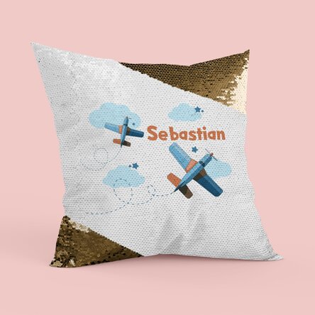 Pernă personalizată cu text - Avioane Paiete aurii
