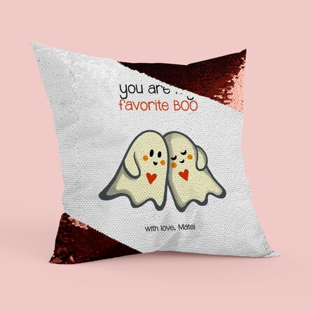 Pernă personalizată cu text - Boo, paiete roșii