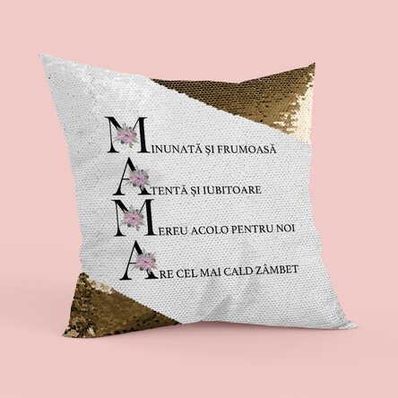Pernă personalizată cu text - Cum e mama mea - Paiete aurii
