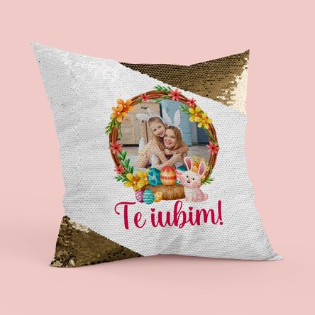 Pernă personalizată cu text și poză - Iepuraș - Paiete aurii