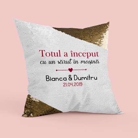 Pernă personalizată cu text - Where it all began - Paiete aurii