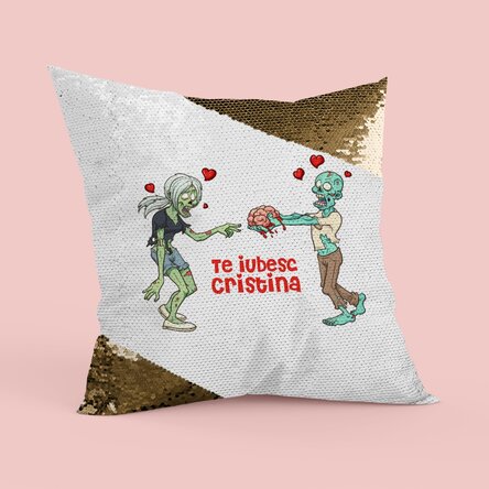 Pernă personalizată cu text - Zombie Love Paiete aurii