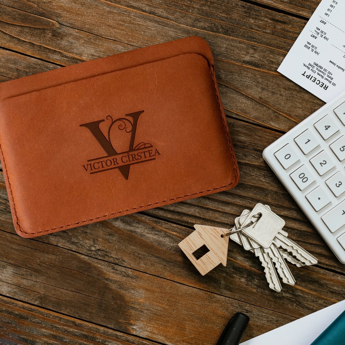 Portofel din piele personalizat cu inițială și nume