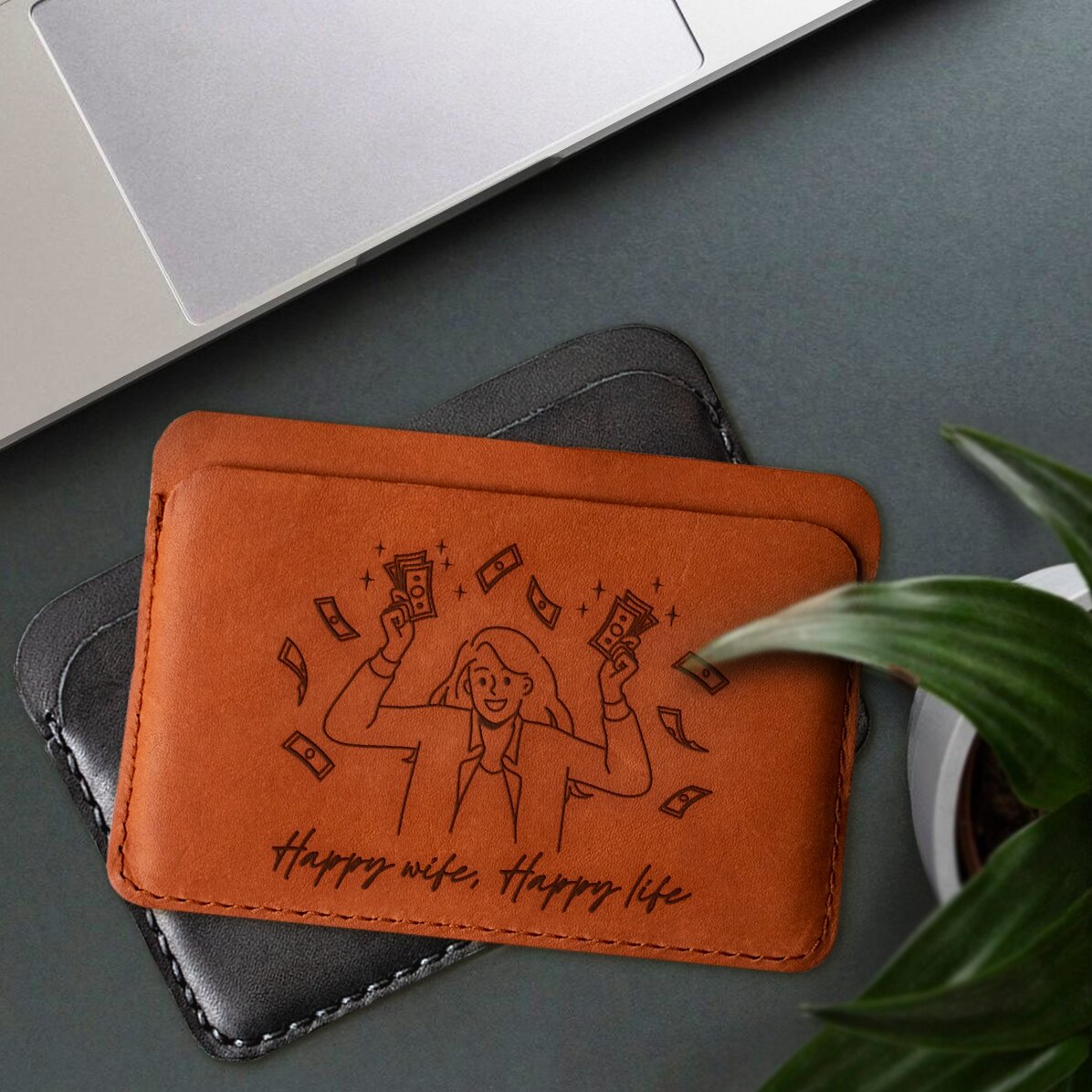 Portofel din piele personalizat cu text - Happy wife, Happy life