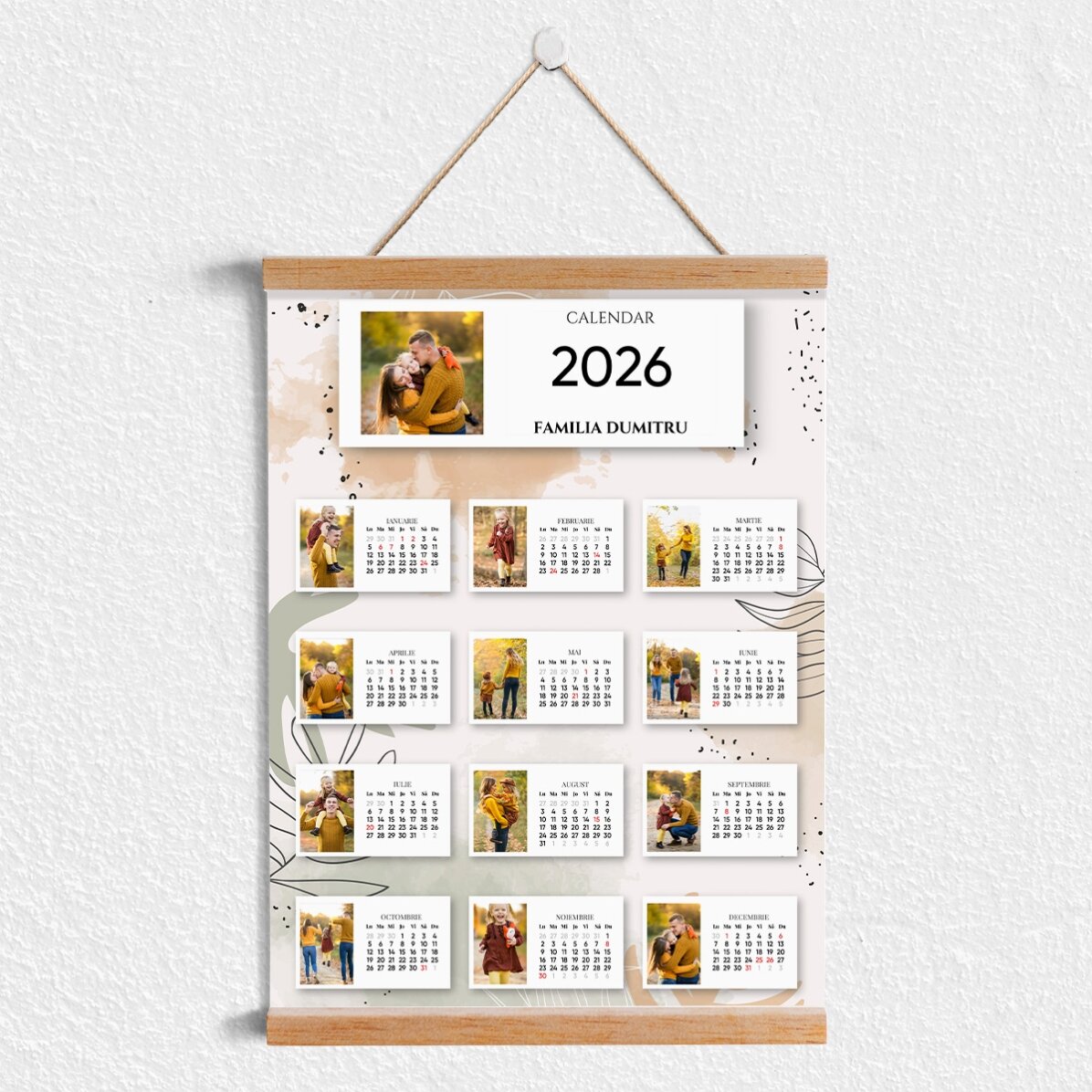 Poster calendar cu agățătoare personalizat cu 13 poze și text