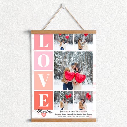 Poster cu agățătoare personalizat cu 5 poze și mesaj pentru îndrăgostiți