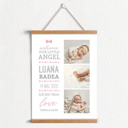 Poster cu agățătoare personalizat cu text și 3 poze - Hello, baby (Fată)