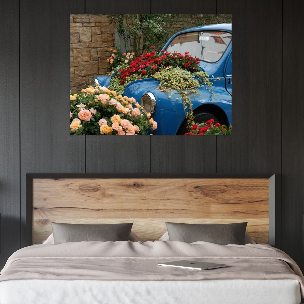 Poster Mașină albastra vintage cu flori
