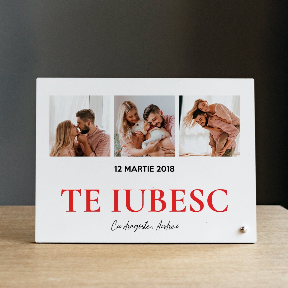 Ramă foto de birou personalizată cu 3 poze și text - With love