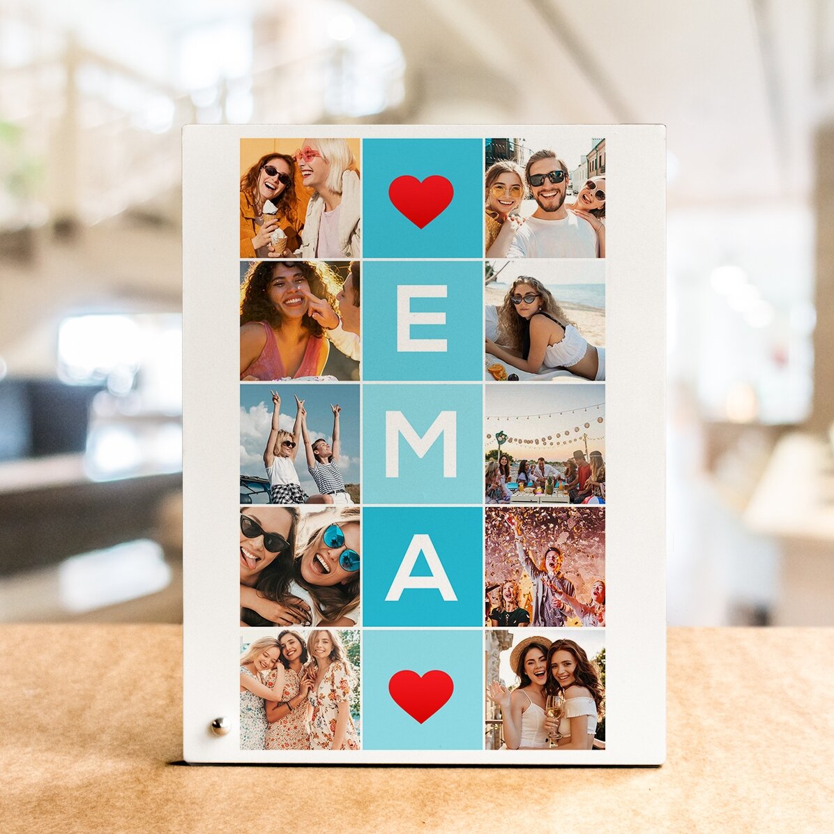 Ramă foto de birou personalizată cu 10 poze și nume din 5 litere pe verticală