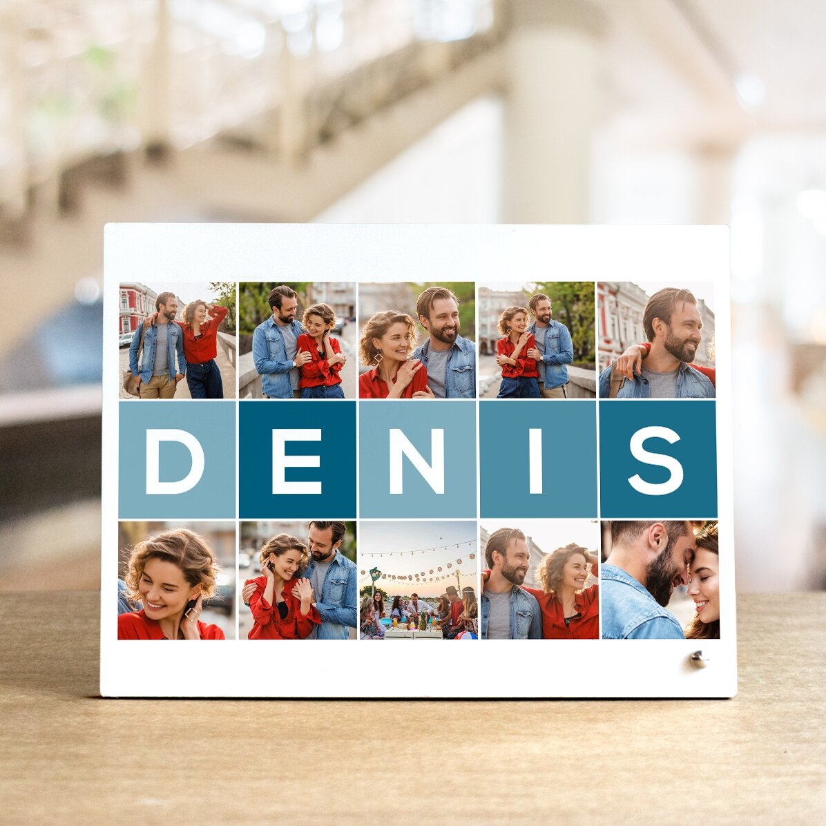 Ramă foto de birou personalizată cu 10 poze și nume din 5 litere