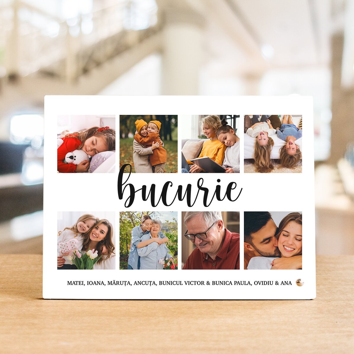 Ramă foto de birou personalizată cu 8 poze și text - Bucurie