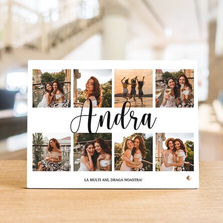 Ramă foto de birou personalizată cu 8 poze și text - Bucurie
