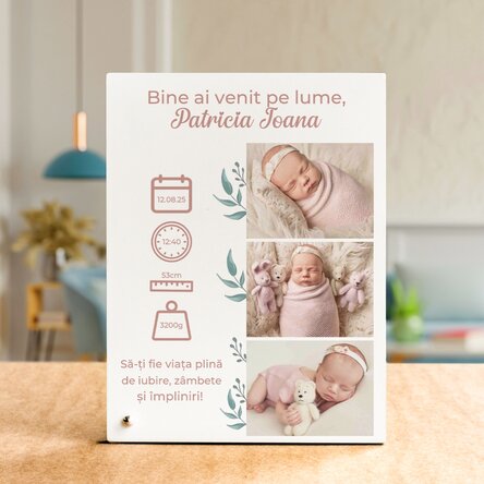 Ramă foto de birou personalizată cu text și 3 poze - Bine ai venit pe lume