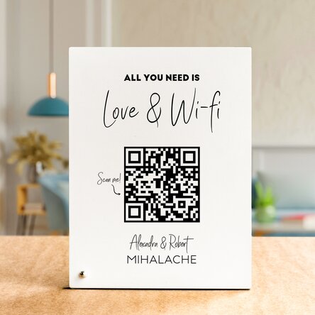 Ramă foto de birou personalizată cu text și cod QR - Scan for Wifi (fundal alb)