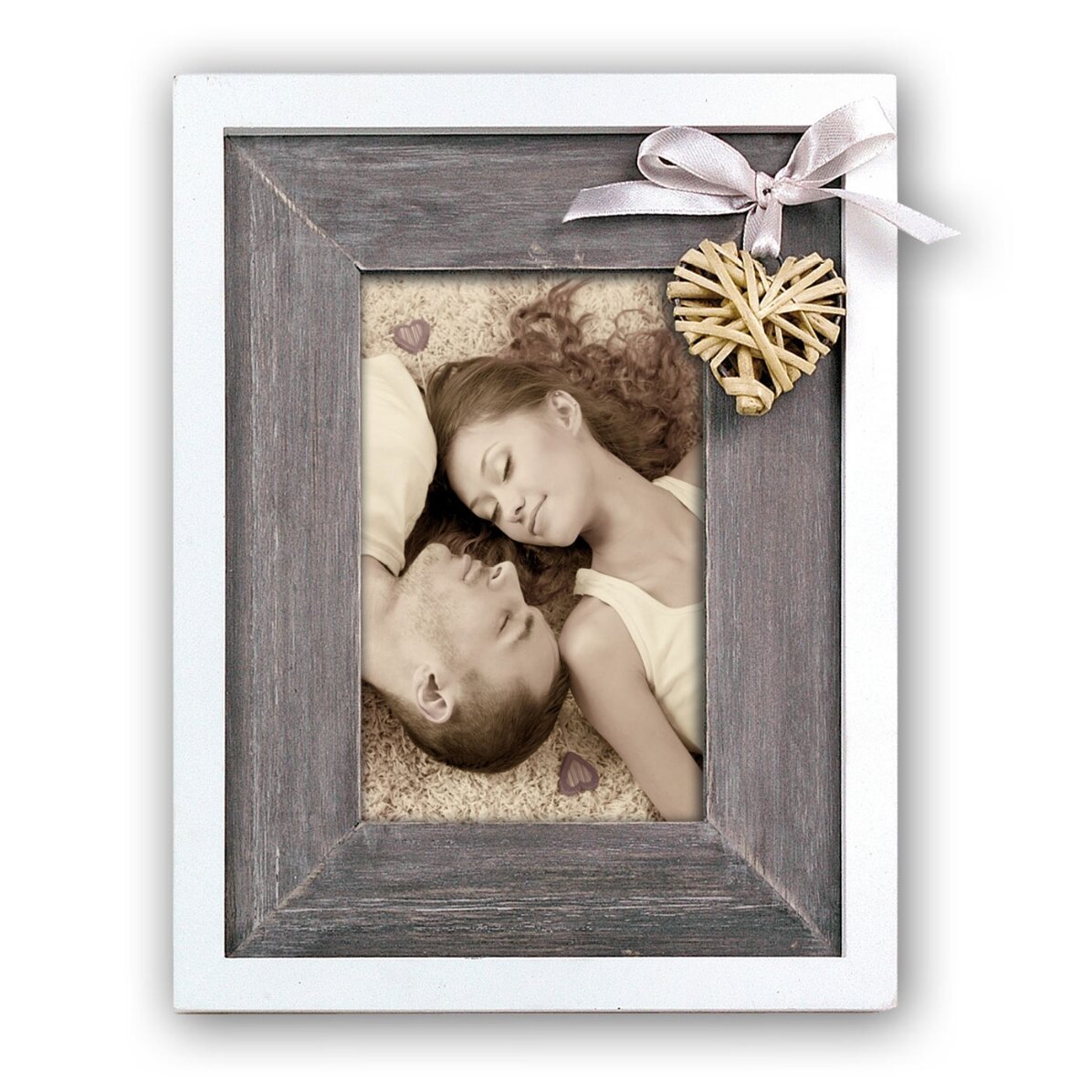 Ramă foto cu fundiță și inimă lemn 18,5x23,5 cm