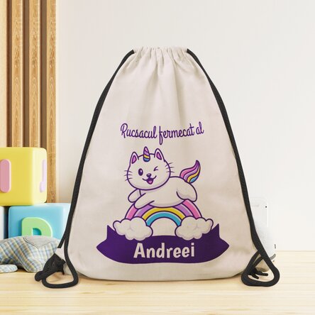 Rucsac personalizat cu nume - Pisică unicorn