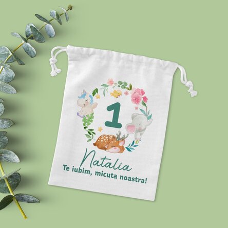 Săculeț mic pentru cadouri personalizat cu text -Happy birthday, little one!