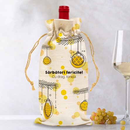 Săculeț personalizat pentru sticlă de vin - Globulețe de Crăciun
