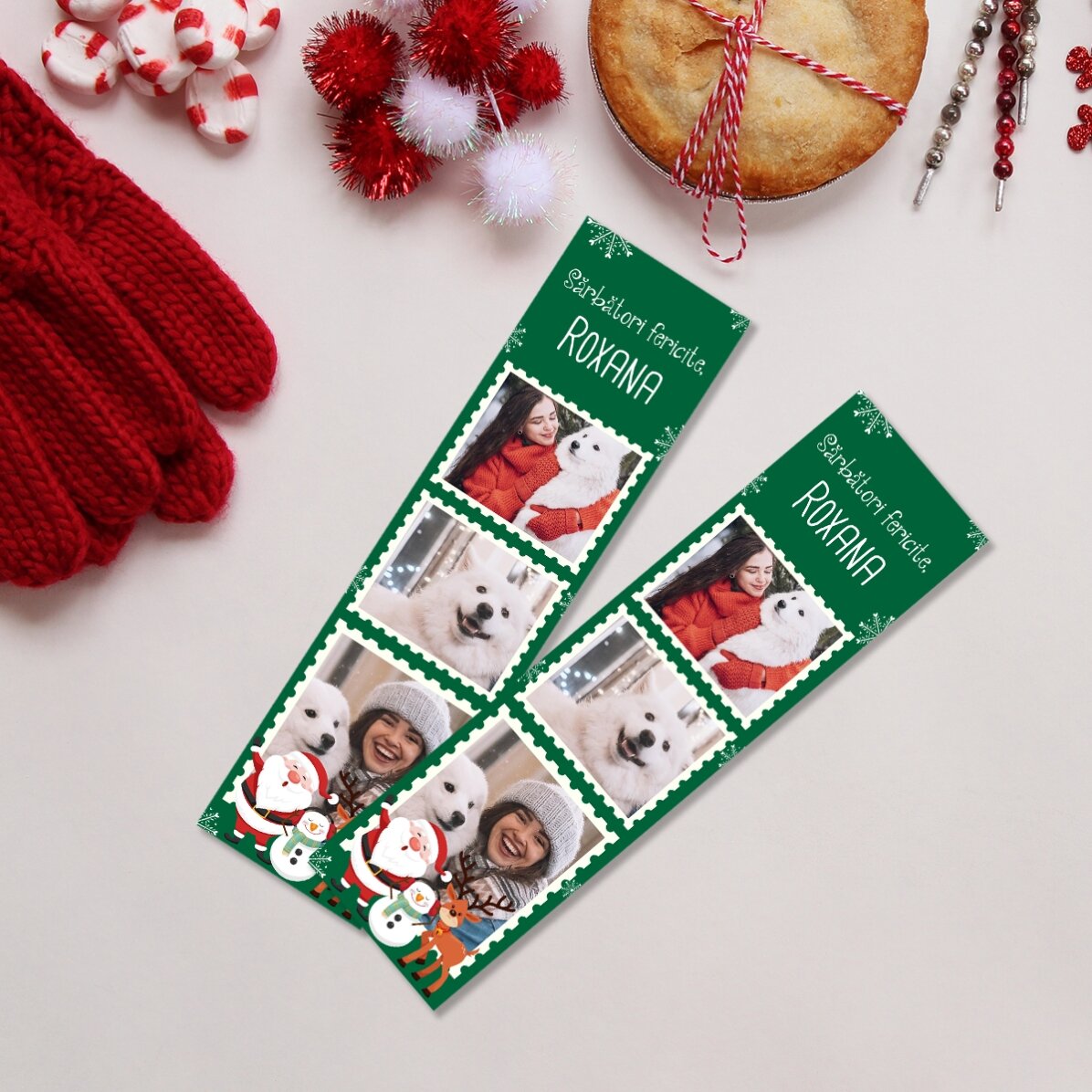 Semn de carte personalizat cu 3 poze și text - Christmas