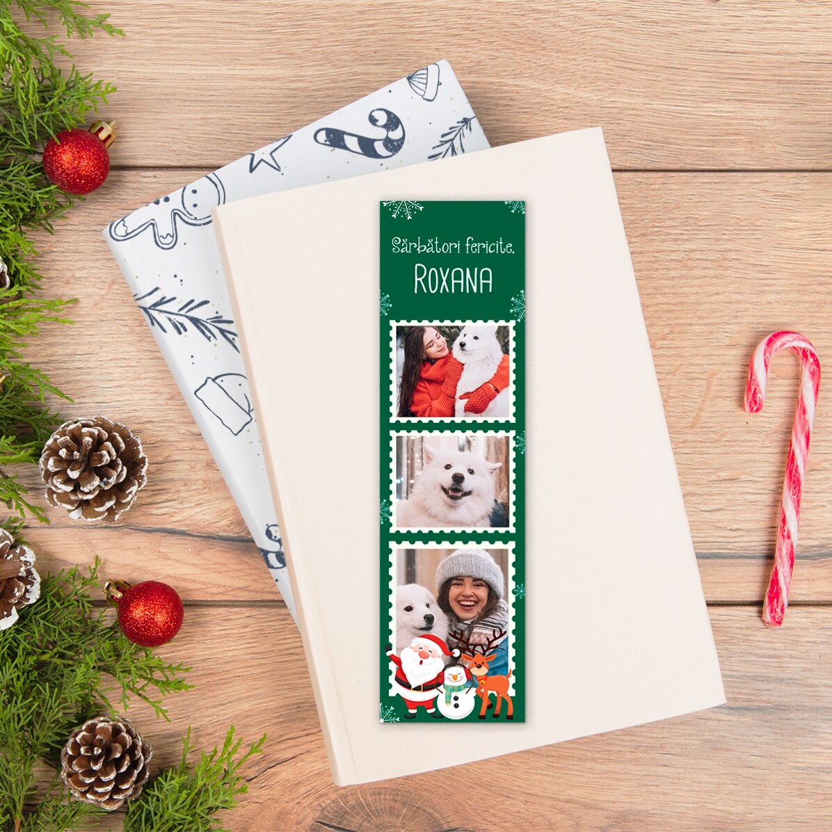 Semn de carte personalizat cu 3 poze și text - Christmas