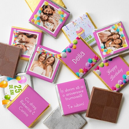 Set 10 mini ciocolățele personalizate cu poze și text - Happy birthday