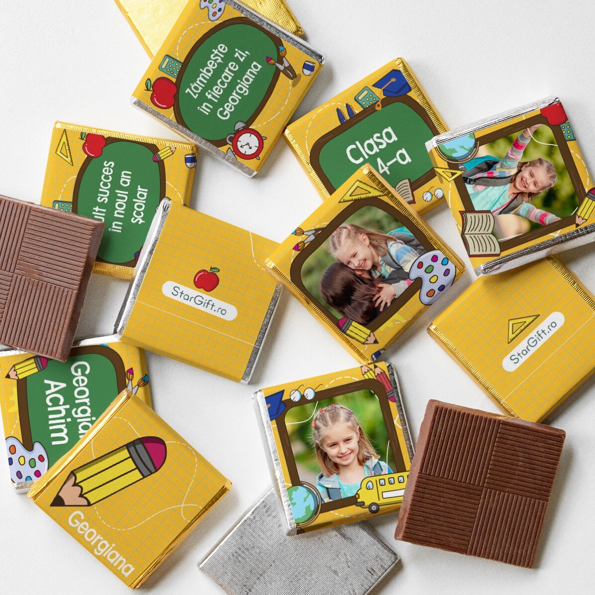Set 10 mini ciocolățele personalizate cu poze și text pentru început de an școlar