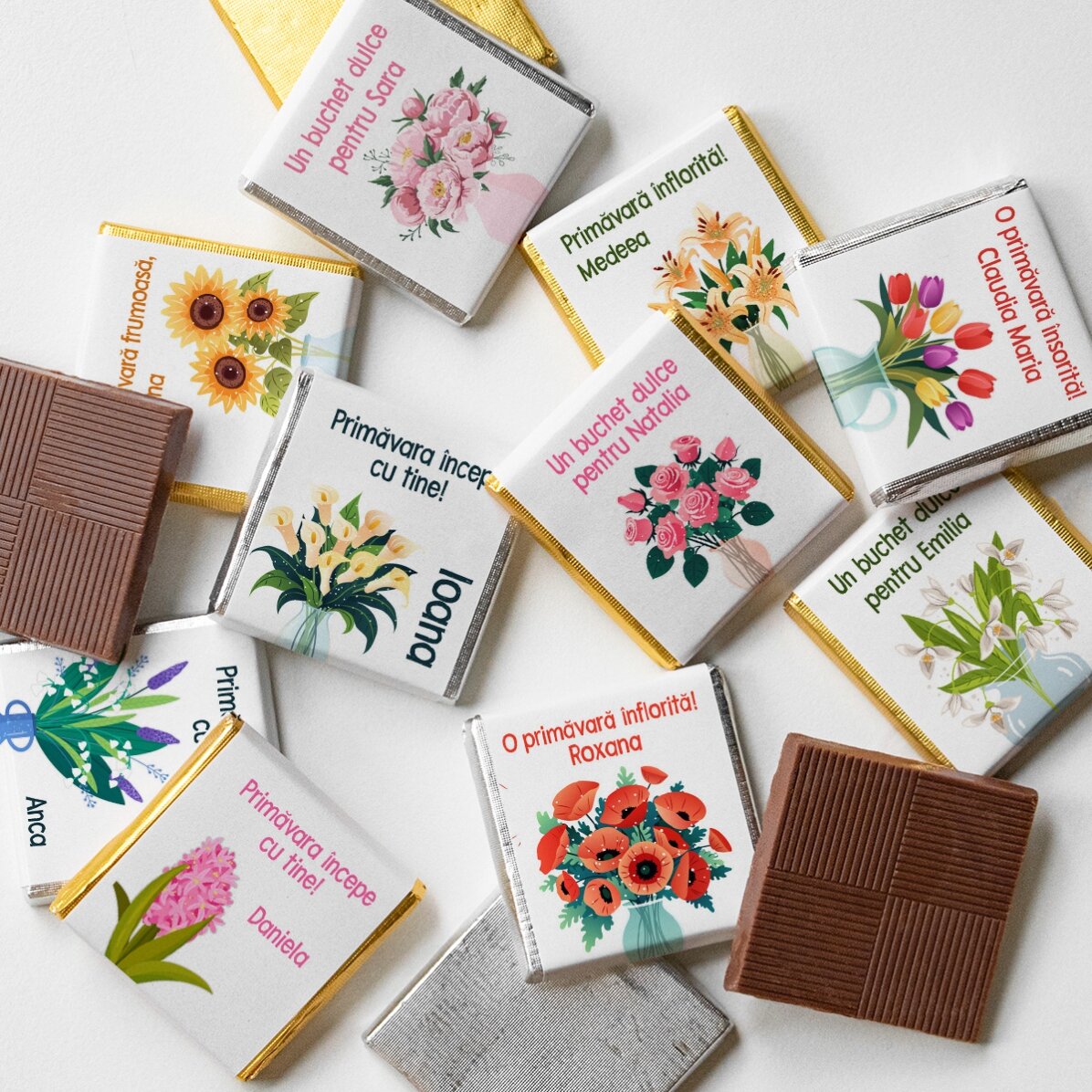 10 darabos mini csokoládé szett, személyre szabott felirattal - Virágok