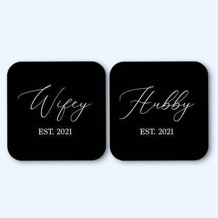 Set 2 suporturi de pahar personalizate cu text - Al lui și al ei