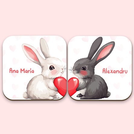 Set 2 suporturi de pahar personalizate cu text - Iepurași