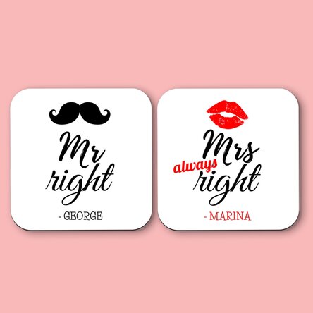 Set 2 suporturi de pahar personalizate cu text - Mr and Mrs Right