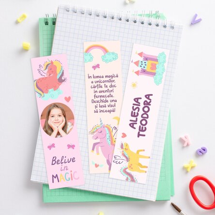 Set 3 semne de carte personalizate cu poză, nume și text - Unicorns