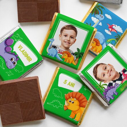 Set 5 mini ciocolățele personalizate cu poze și text - Dinozauri