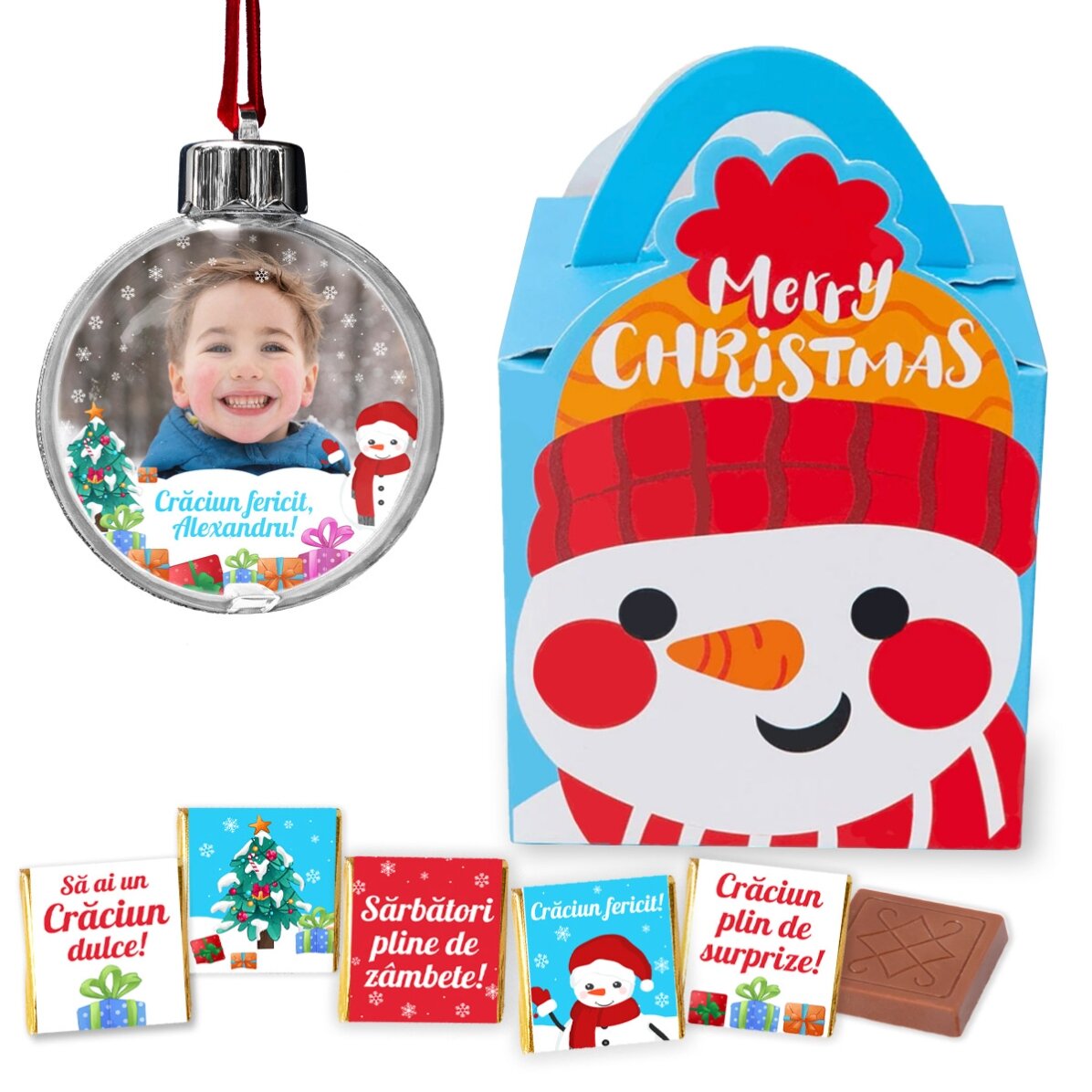 Set cadou cu glob personalizat - Om de zăpadă