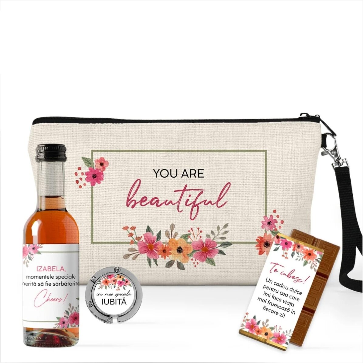 Set cadou cu mini sticluță de vin personalizată pentru ea