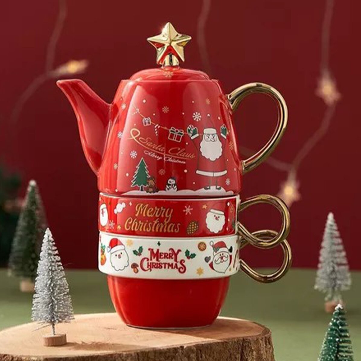Set cadou de 2 căni și ceainic de Crăciun 