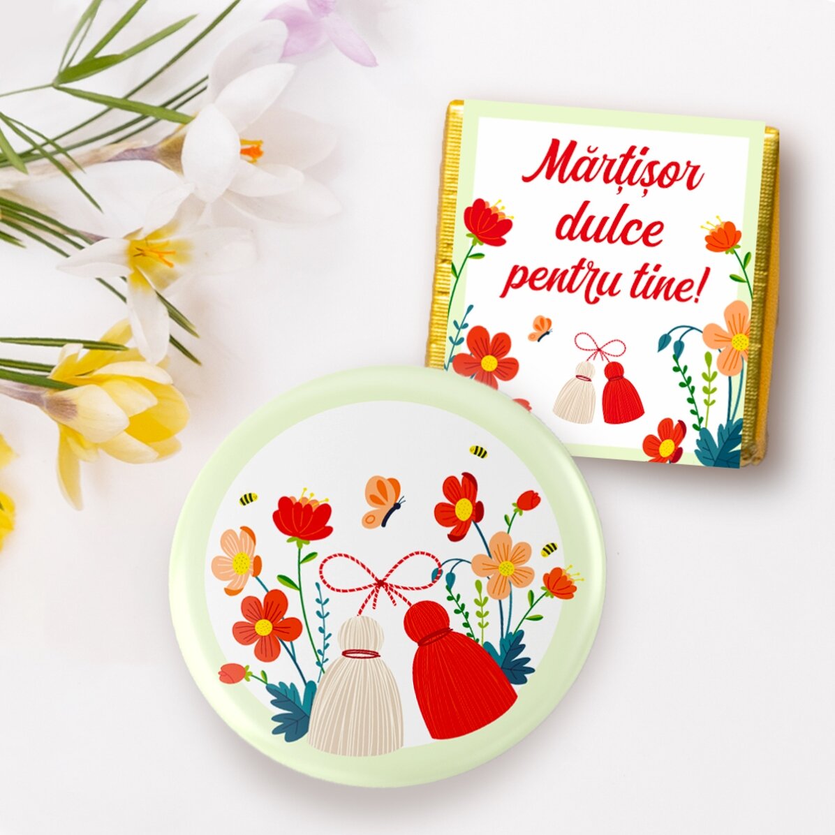 Ajándékcsomag mini csokoládéval és kitűzővel