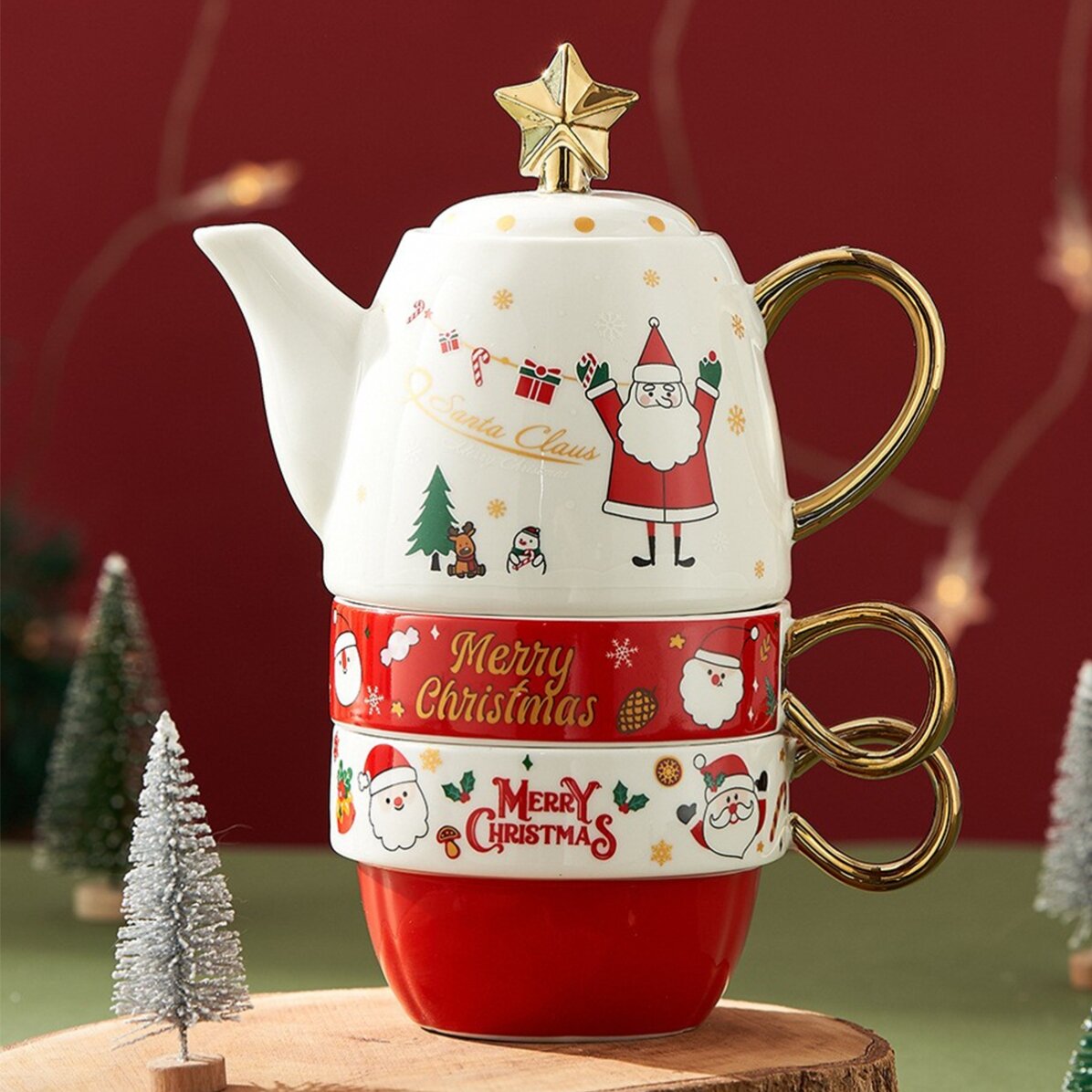 Set cadou de 2 căni și ceainic de Crăciun 