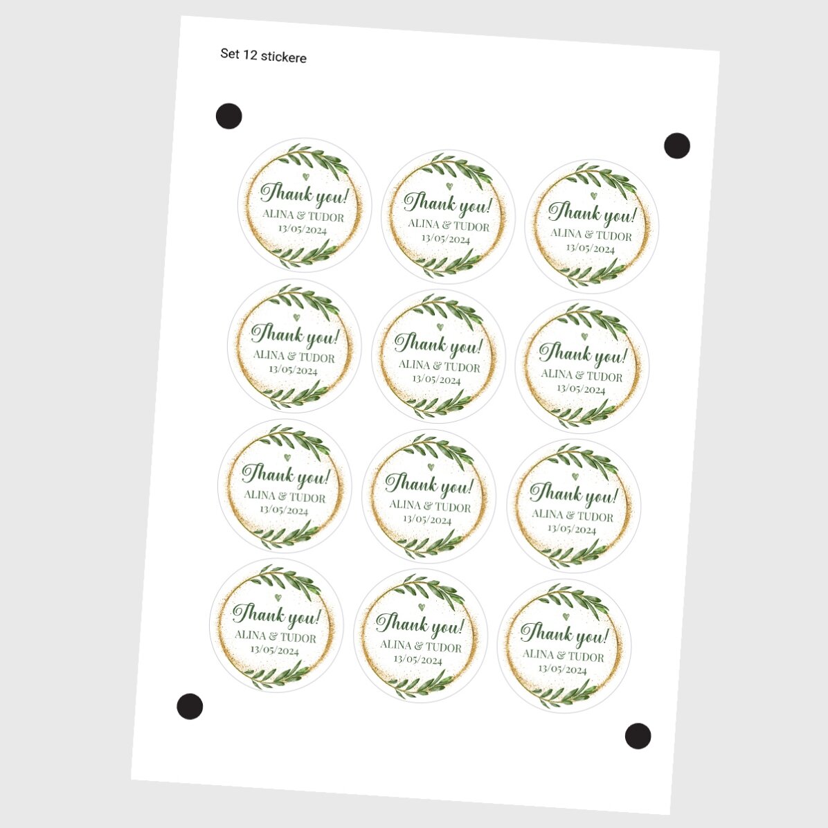 Set de 12 stickere (etichetă autoadezivă) mărturii rotunde personalizate cu mesaj 