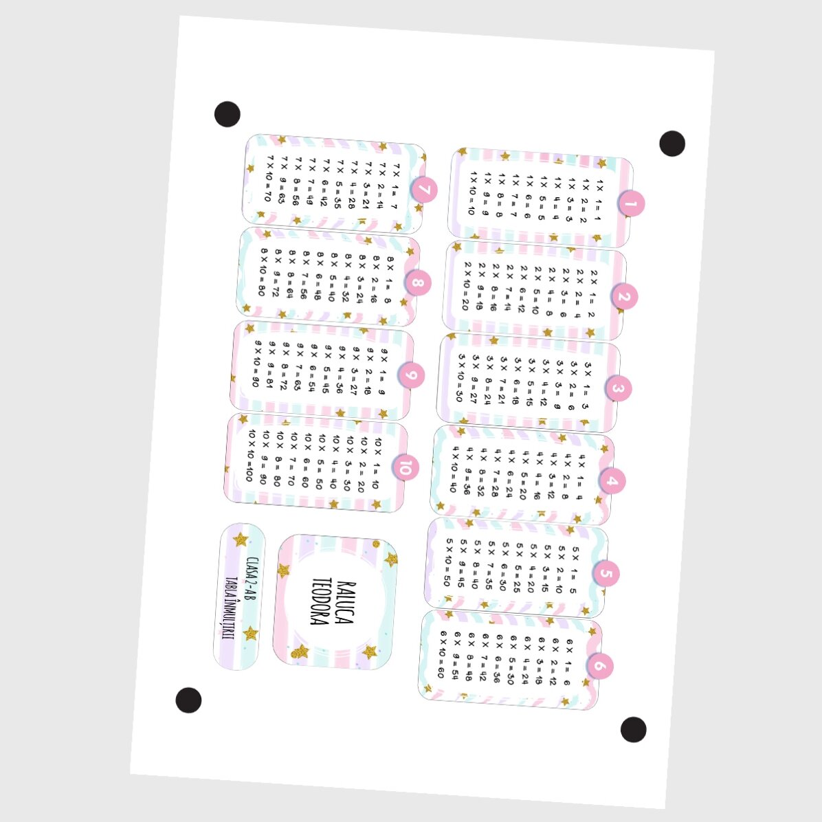 Set de 12 stickere (etichetă autoadezivă) personalizate cu text și tabla înmulțirii - Curcubeu